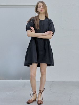 Puff Shirring Mini Dress - BLACK