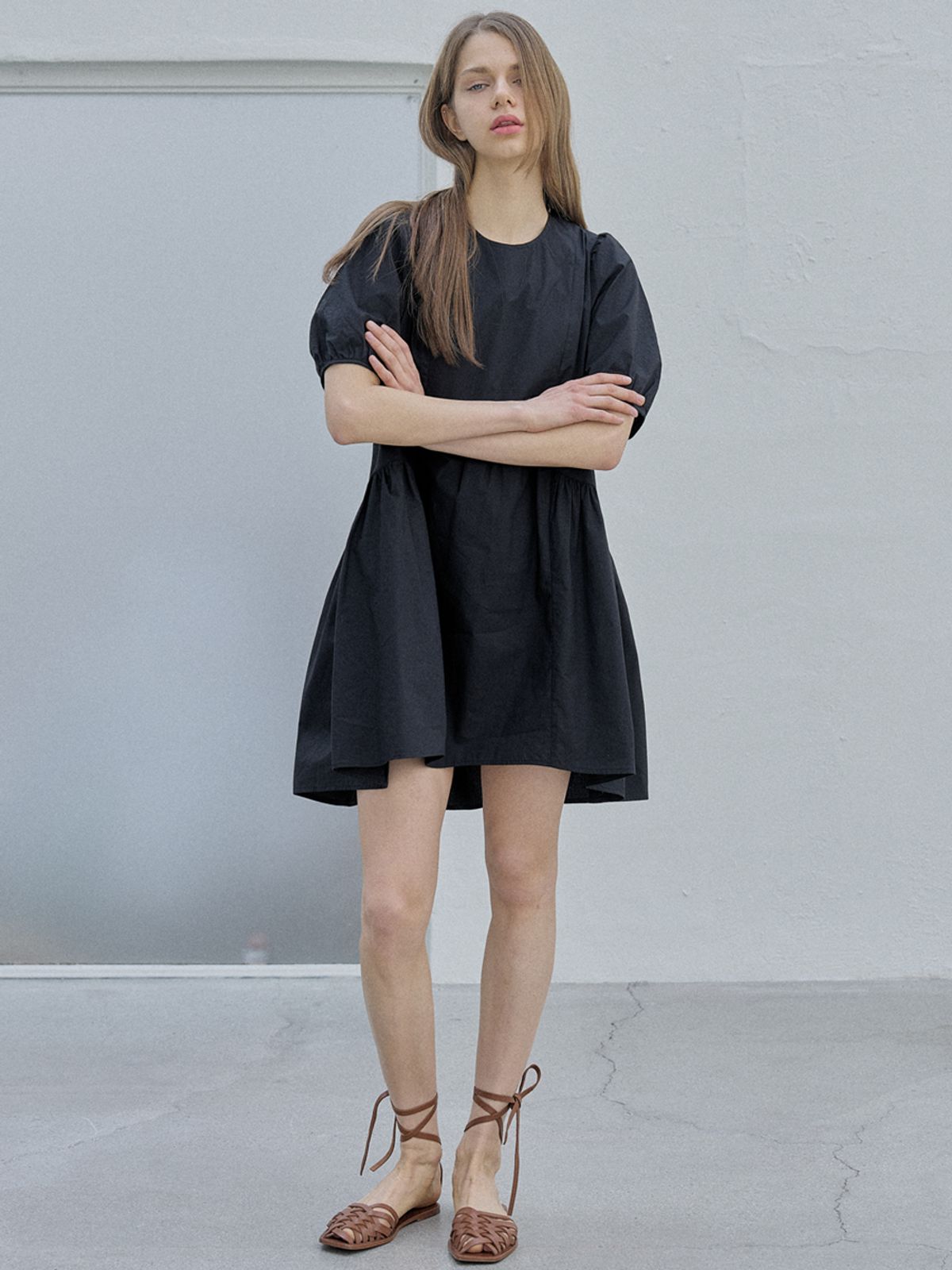 아방(AVANT-G) Puff Shirring Mini Dress - BLACK