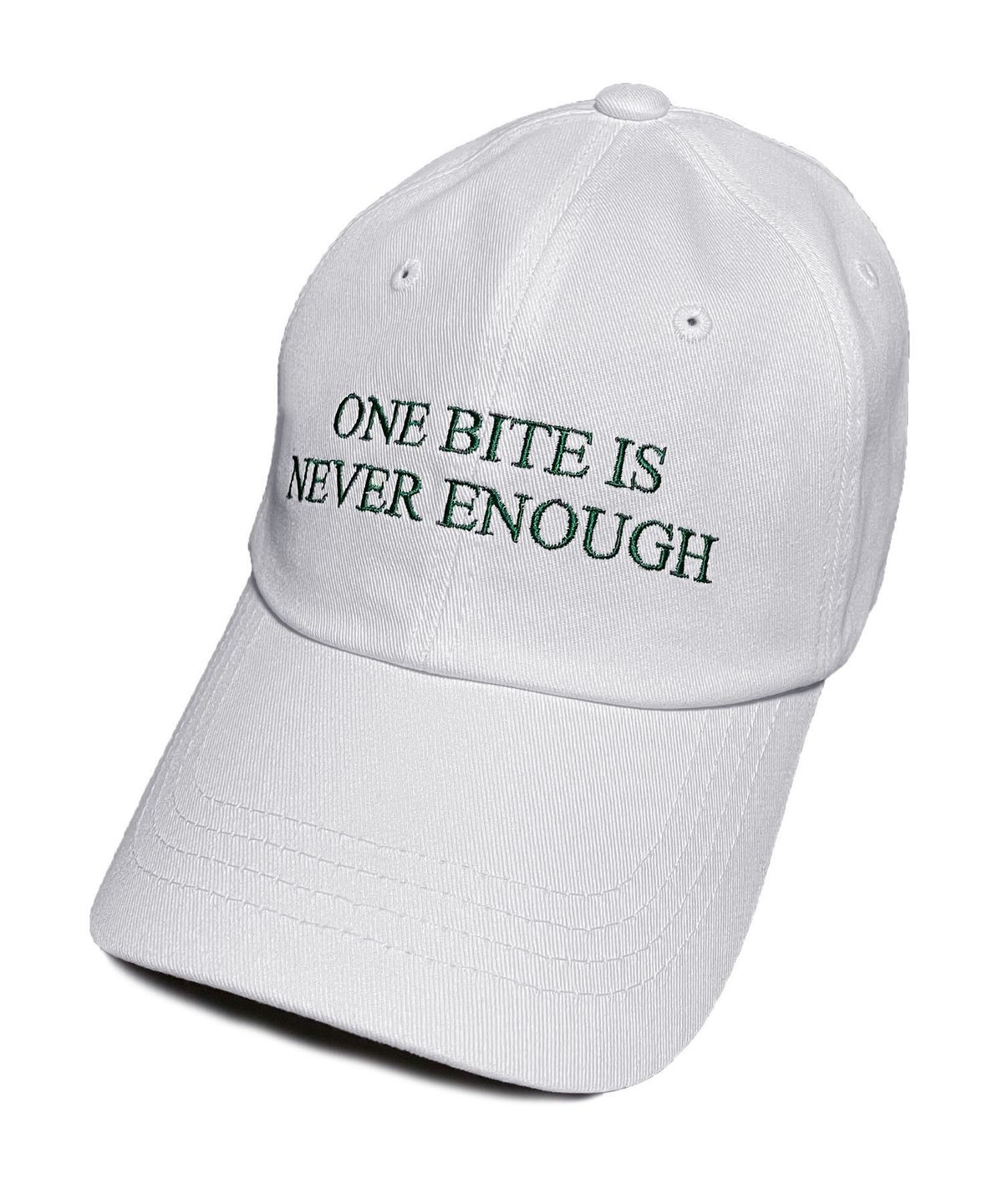 오바인(OBINE) ONE BITE IS NEVER ENOUGH 레터링 소프트 볼캡 화이트