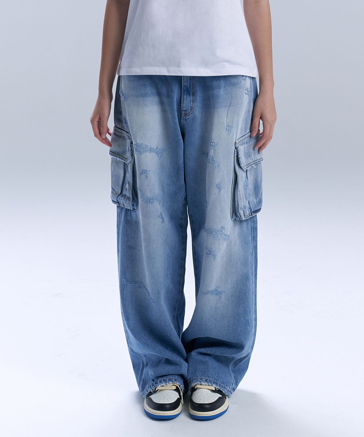 락케이크(ROCKCAKE) Damage Cargo Jeans - Blue