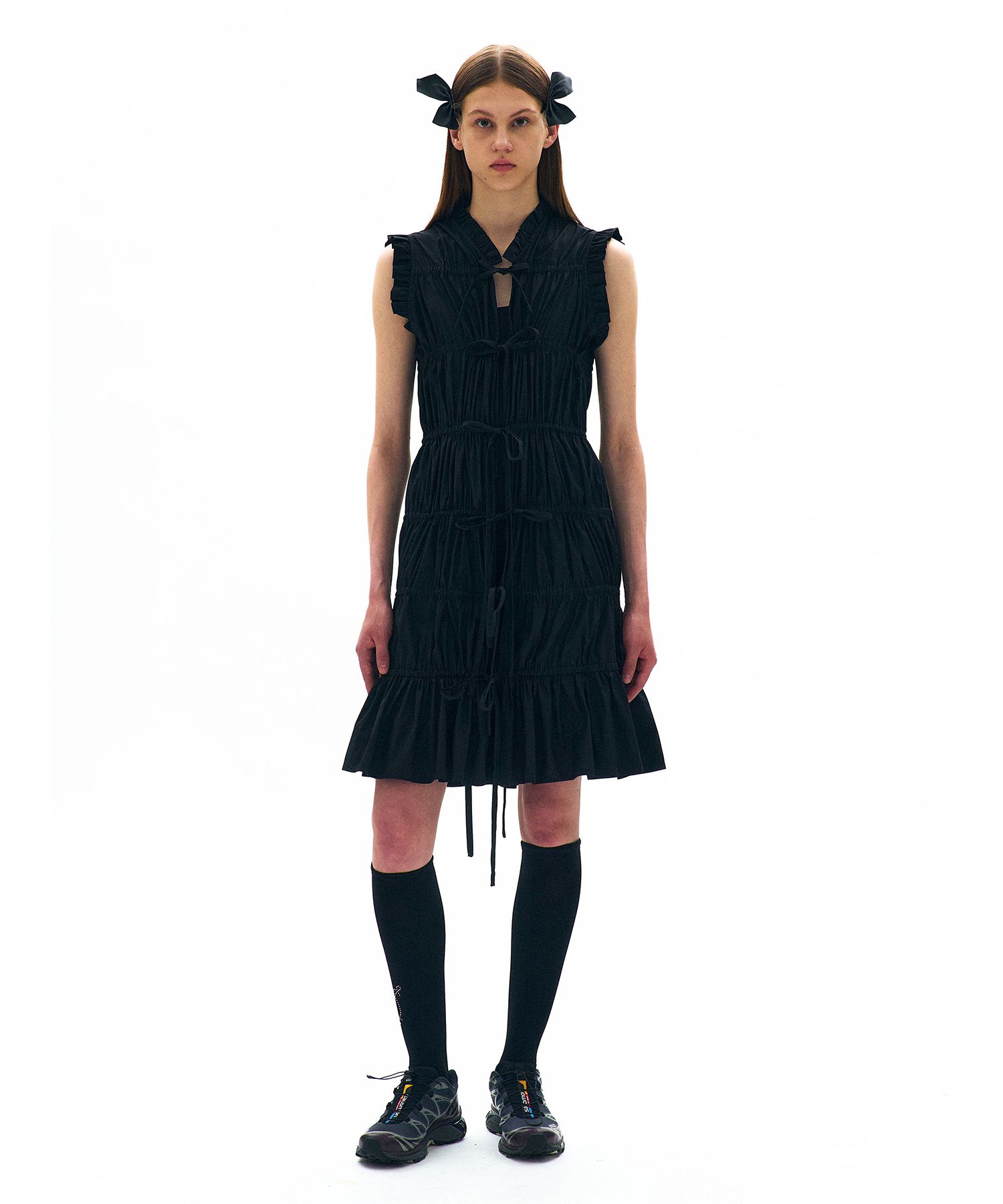 MUSINSA | PARTIMENTO WOMEN Ribbon Strap Shirring SS Dress_Black