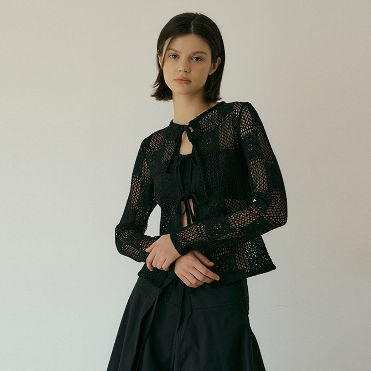 루시르주(LUCIR ZU) Cotton crochet cardigan (black)