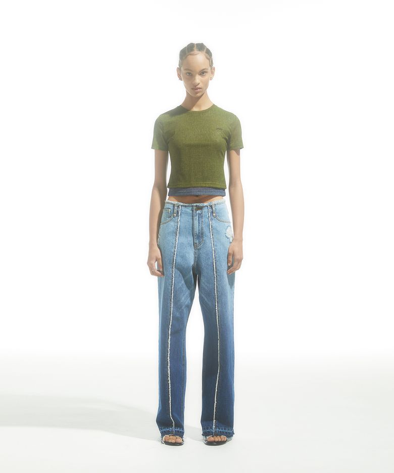 OVERLAY-MESH DENIM T-SHIRT_KHAKI