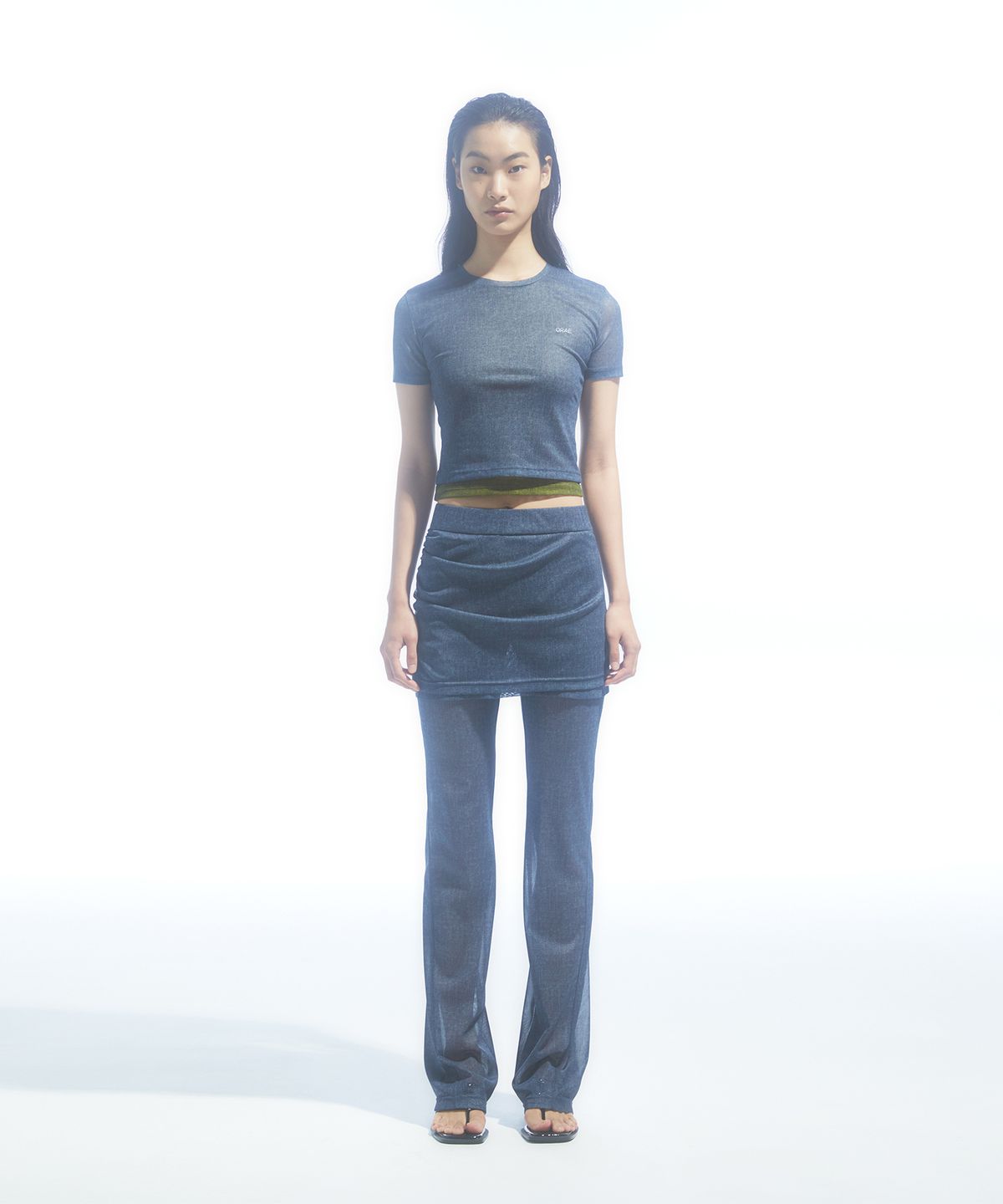 드레(DRAE) OVERLAY-MESH DENIM T-SHIRT_INDIGO