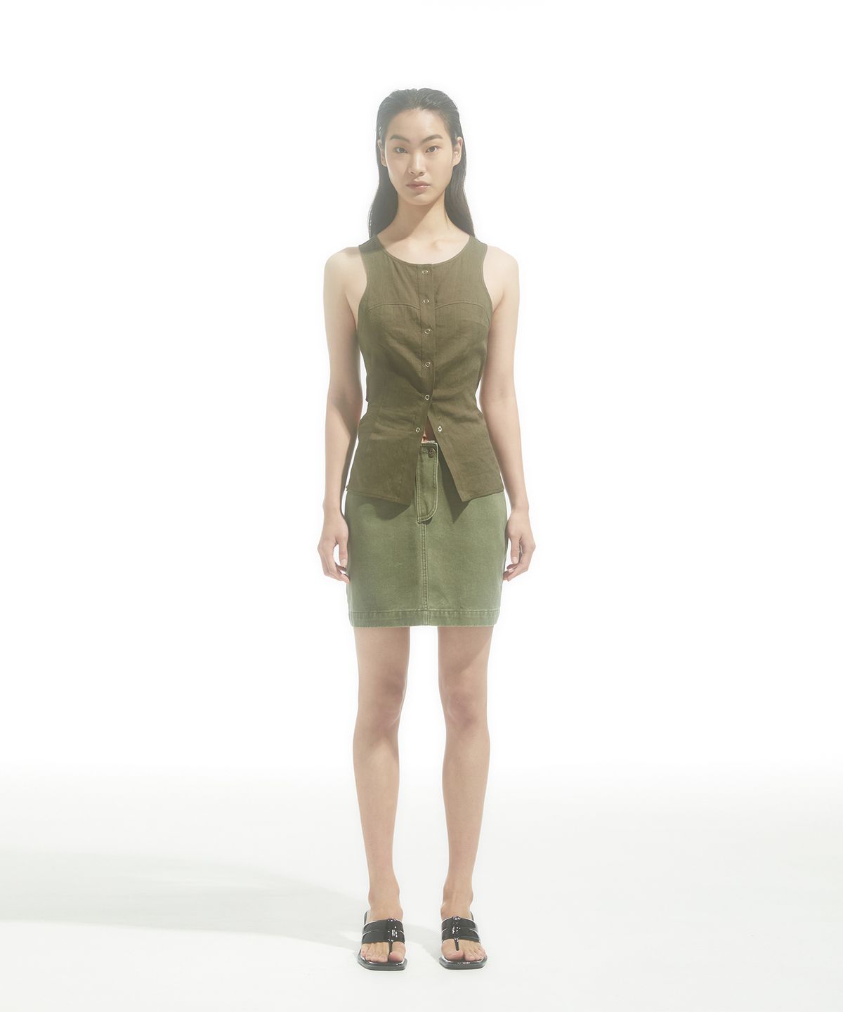 드레(DRAE) COTTON OUT ZIP-FLY SKIRT_KHAKI