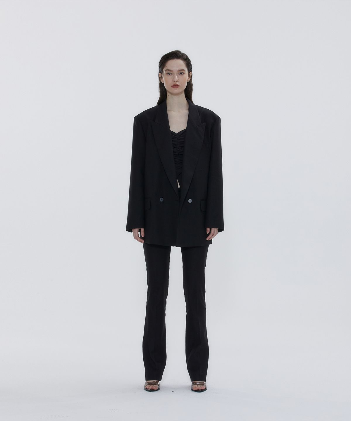드레(DRAE) DOUBLE BREASTED LINEN-BLEND SUIT JACKET_BLACK