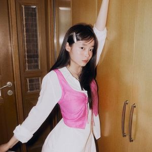 리본 포인트 스트라이프 나시 탑 - 핑크