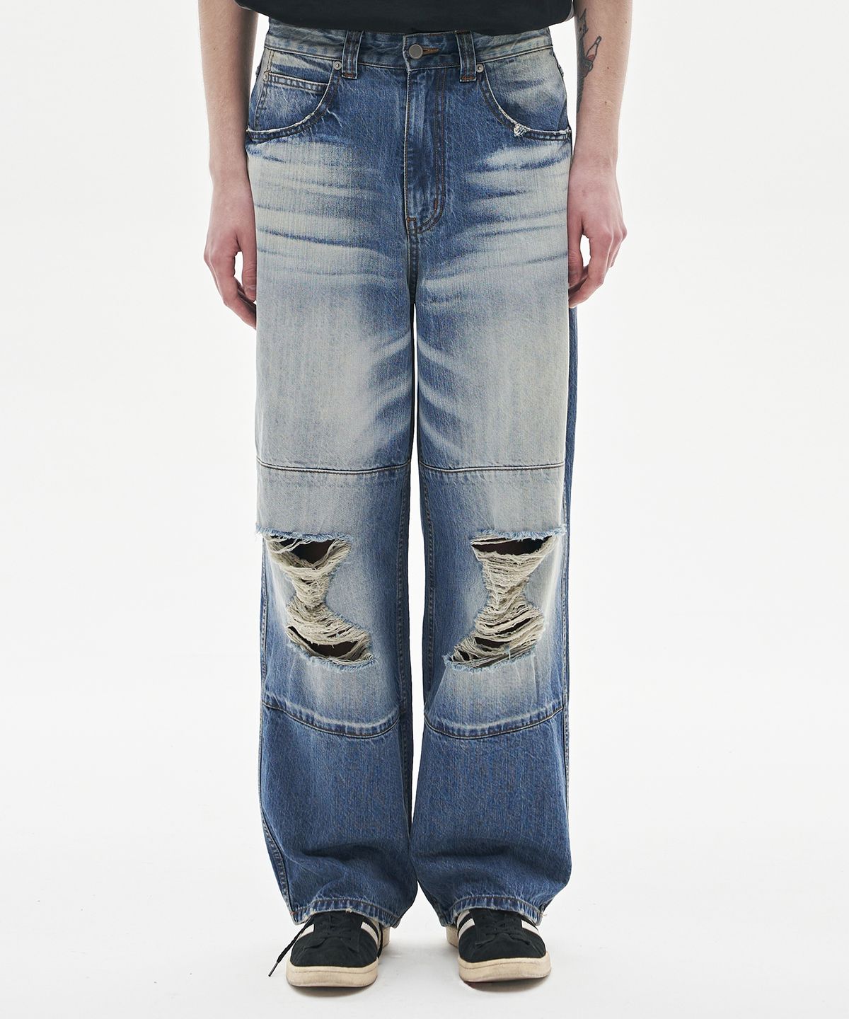 노운(NOUN) sandglass destroyed denim pants (mid blue)