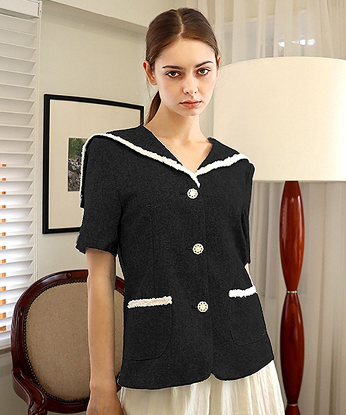 데미지니모닉(DAMAGE MNEMONIC) 팬시 세일러 트위드 블랙 자켓_ Fancy Sailor collar Tweed Black JK