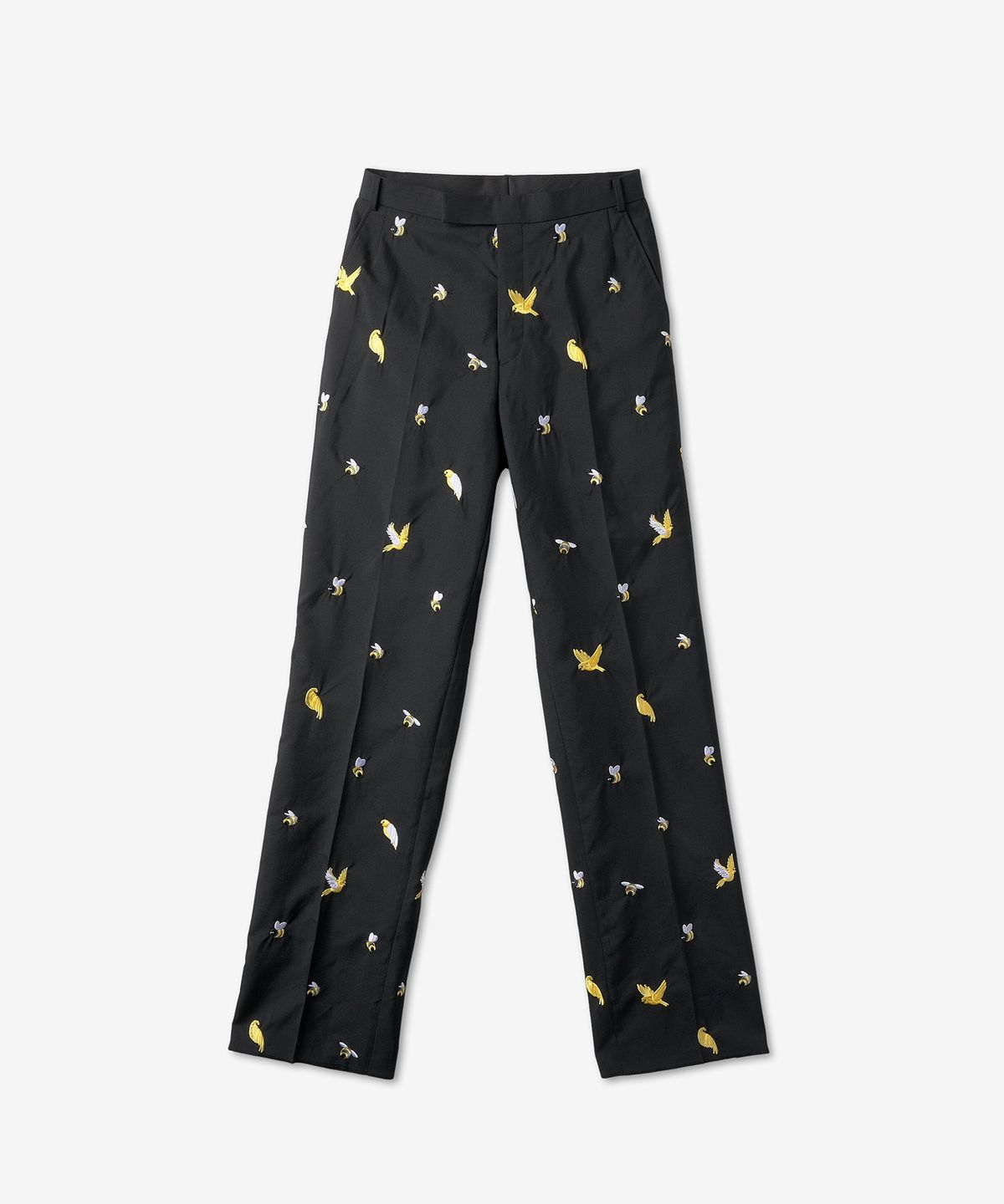 톰 브라운(THOM BROWNE) 버즈 앤 비즈 자수 스트레이트 팬츠 - 블랙:멀티컬러 / MTC413EE0319001