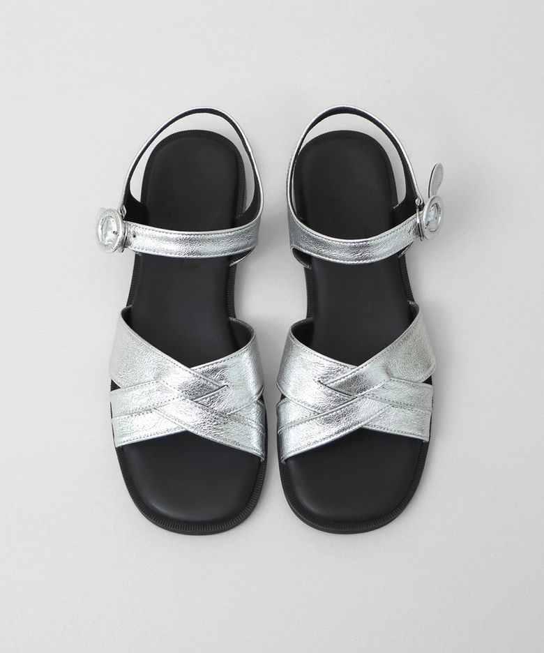Shiny Leather Crossover Sandals .Silver