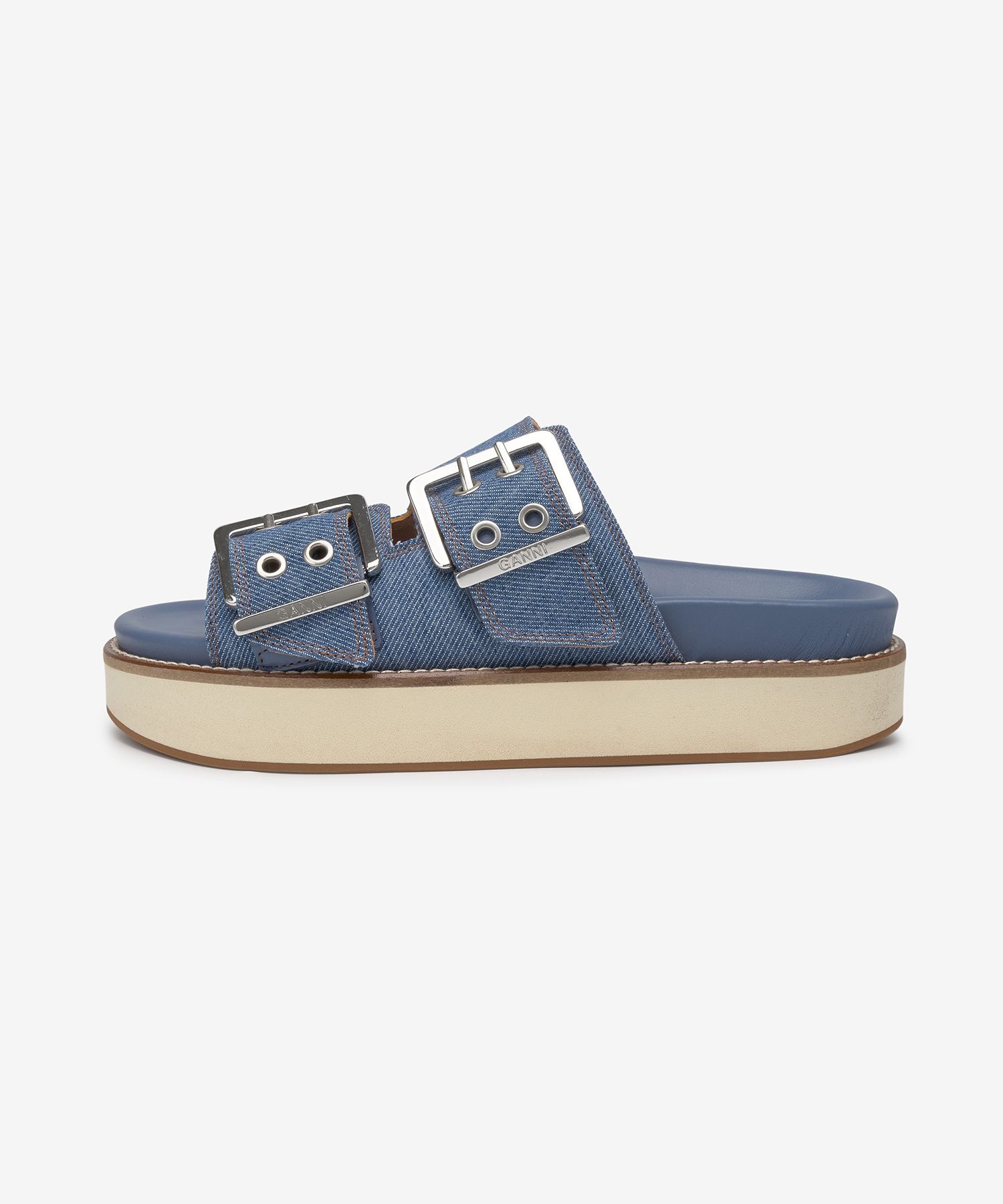 ☆人気☆【GANNI】☆BUCKLE DOUBLE STRAP PLATFORM SANDAL☆ Faded Denim Blue Denim Feminine Buckle Two-Strap Sandals