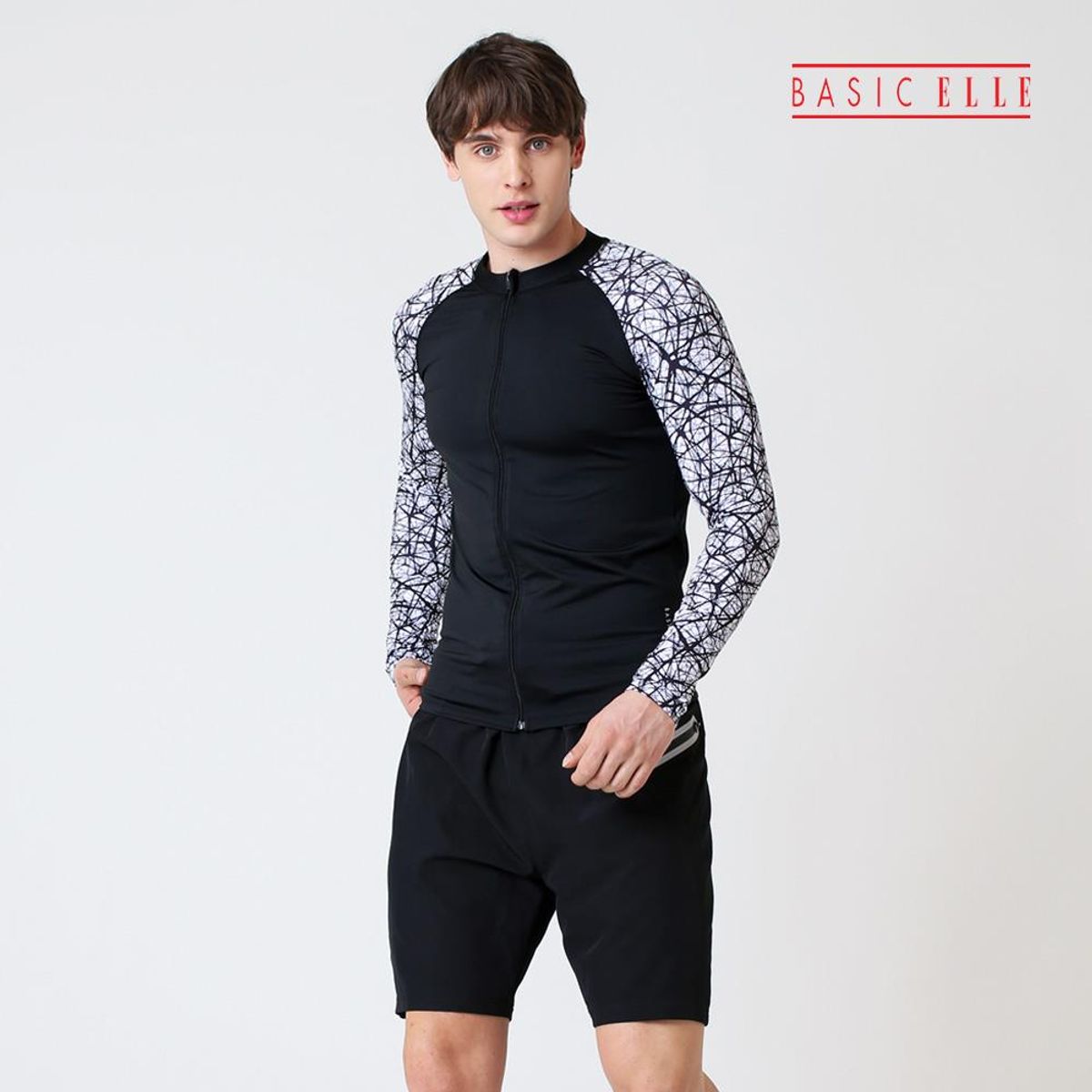 베이직엘르(BASIC ELLE) 남성 지오메트릭 집업 래쉬가드 보드숏 세트 BEM-W956K