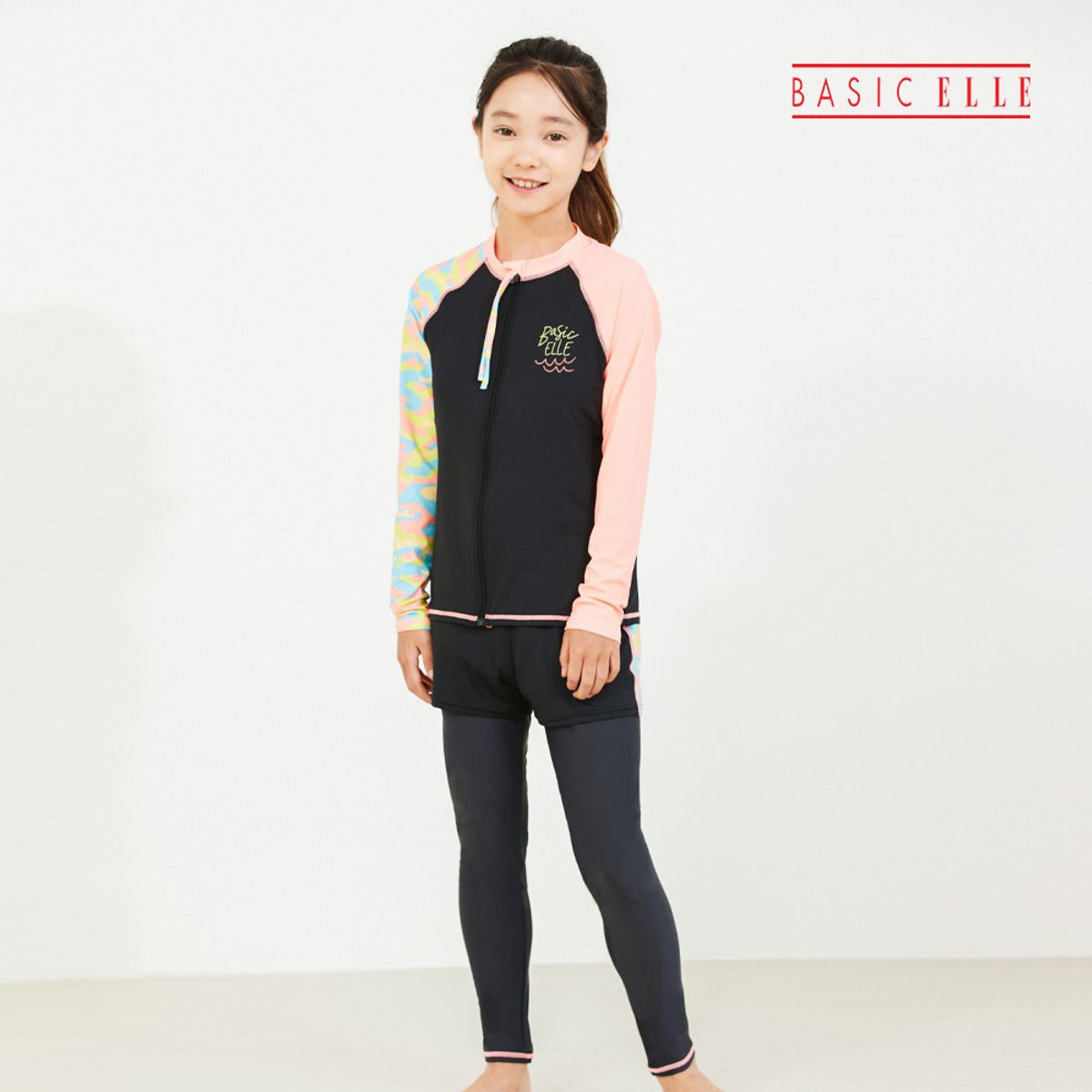 베이직엘르(BASIC ELLE) 여아동 집업 래쉬가드 비치반바지 워터레깅스 세트 BEG-W604K