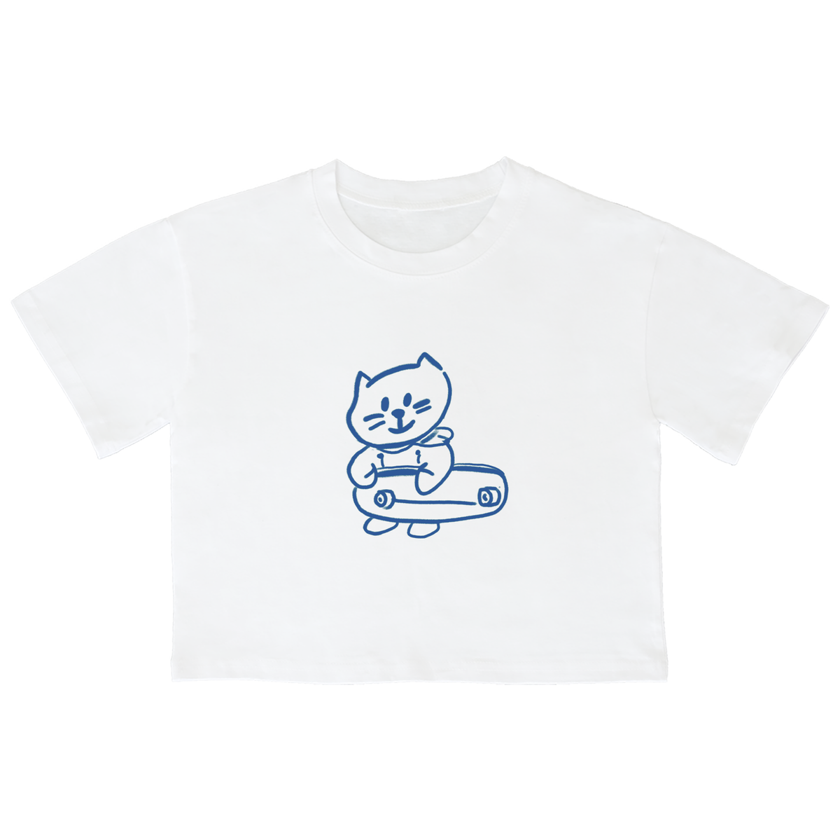 어썸어스(AWESOMEUS) (23SS)SKATE BOARD WITH SMILE CAT BLUE 크롭 반팔 티셔츠 화이트