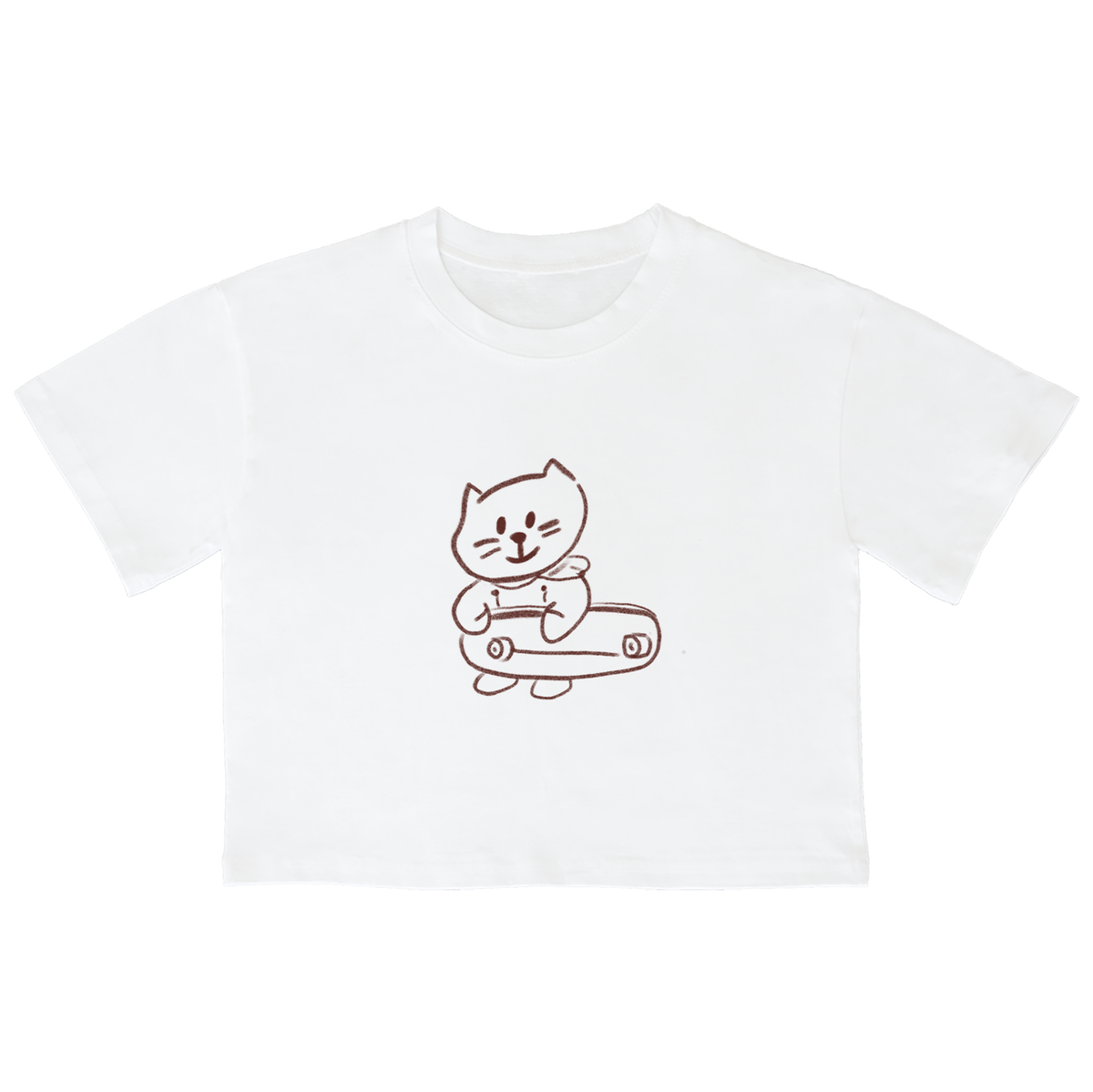 어썸어스(AWESOMEUS) (23SS)SKATE BOARD WITH SMILE CAT BROWN 크롭 반팔 티셔츠 화이트