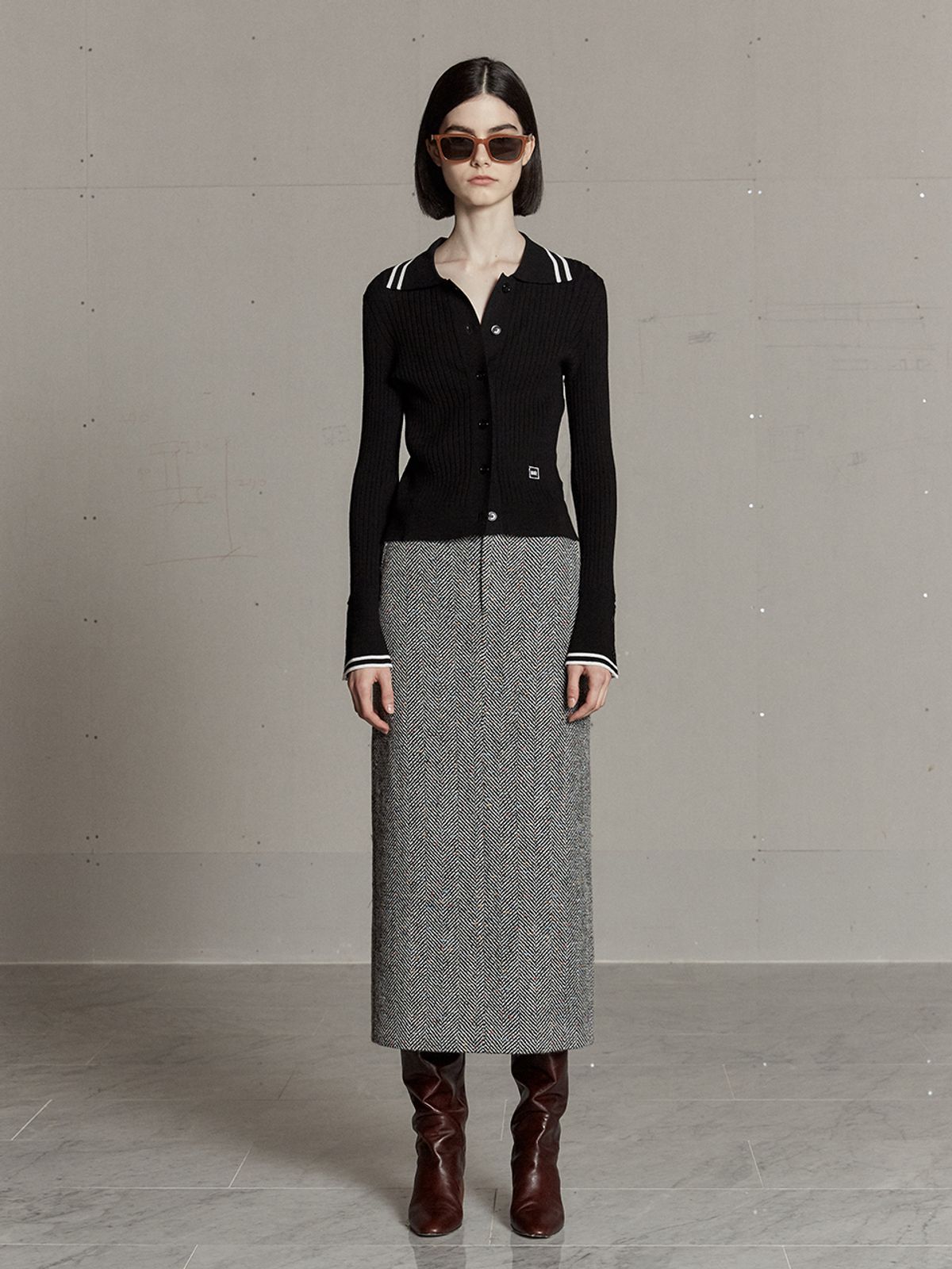 뮤제(MUSEE) SOPHIA Tweed Wool Long Skirt-Black