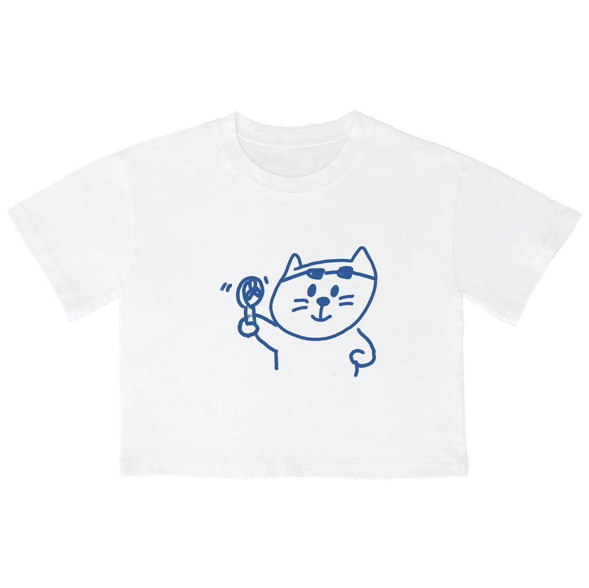 어썸어스(AWESOMEUS) (23SS)SMILE CAT IN A HAND FAN BLUE 크롭 반팔 티셔츠 화이트