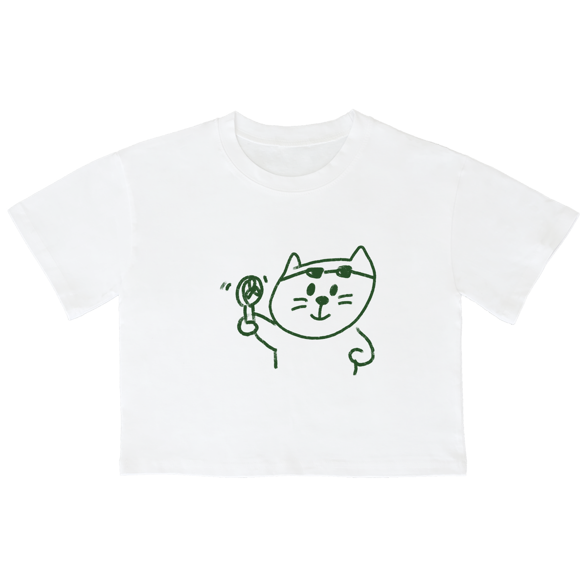 어썸어스(AWESOMEUS) (23SS)SMILE CAT IN A HAND FAN GREEN 크롭 반팔 티셔츠 화이트