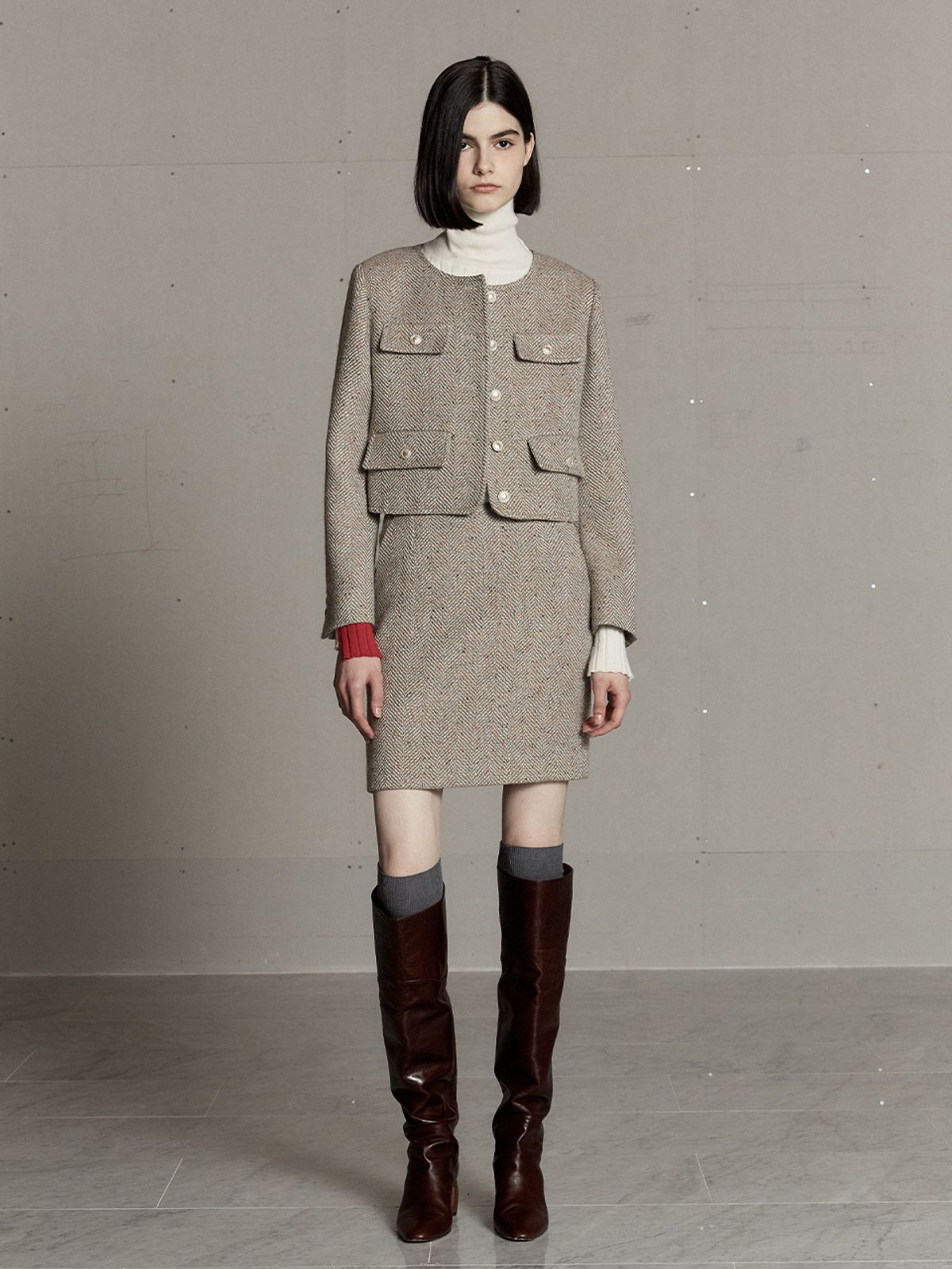 뮤제(MUSEE) MIENNE Tweed Wool Mini Skirt-Beige