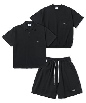 [SET] 레터링 포켓 반팔티 or 버튼 카라 PK 스웨트 셔츠 쇼츠 세트 [블랙]