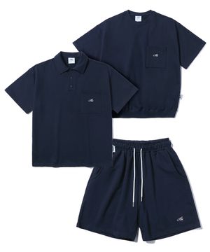 [SET] 레터링 포켓 반팔티 or 버튼 카라 PK 스웨트 셔츠 쇼츠 세트 [네이비]