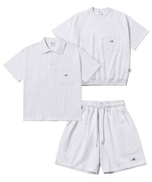 [SET] 레터링 포켓 반팔티 or 버튼 카라 PK 스웨트 셔츠 쇼츠 세트 [멜란지 그레이]
