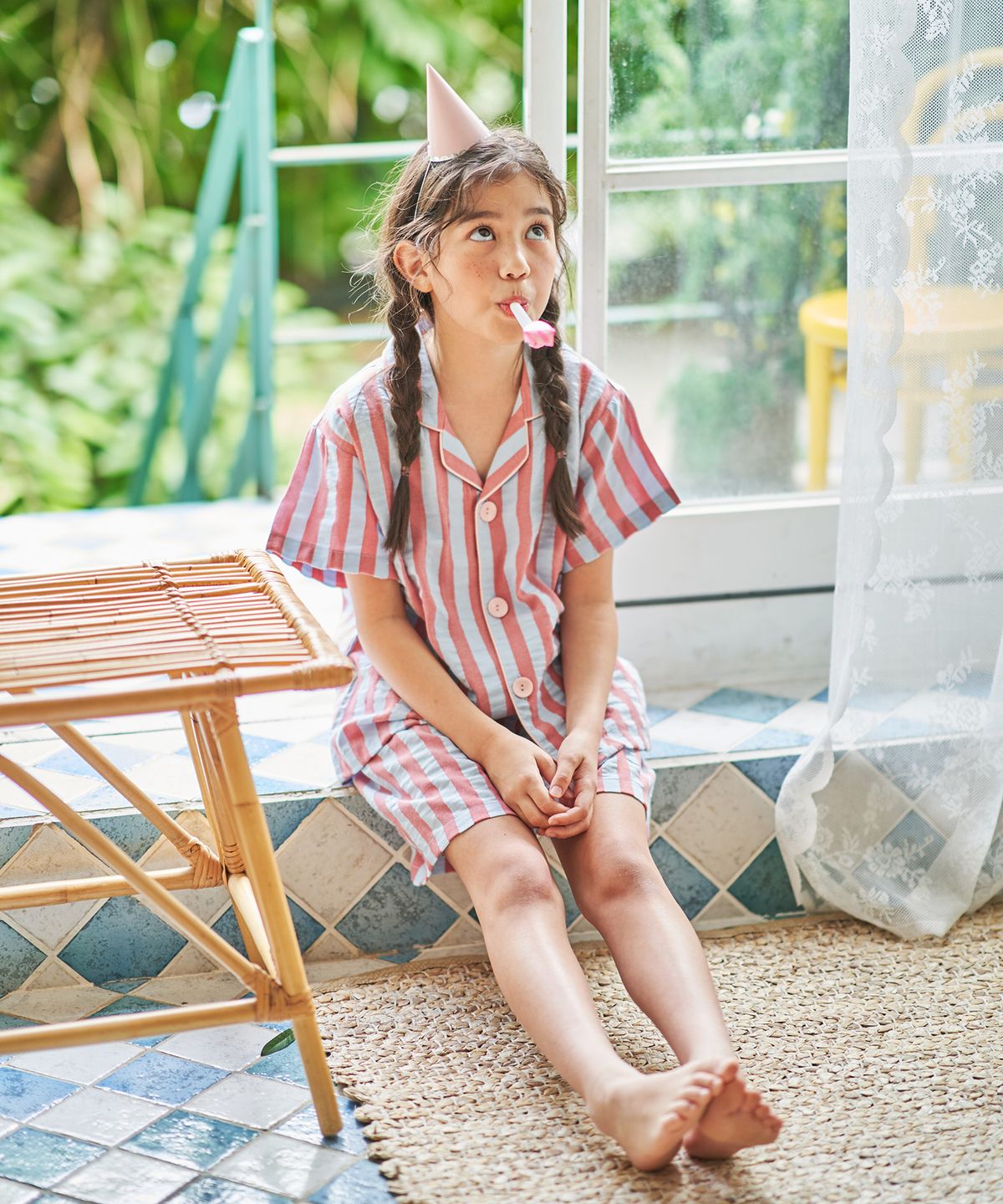 이루시다(IRUSIDA) 핑크 버튼 스트라이프 반팔 아동 잠옷