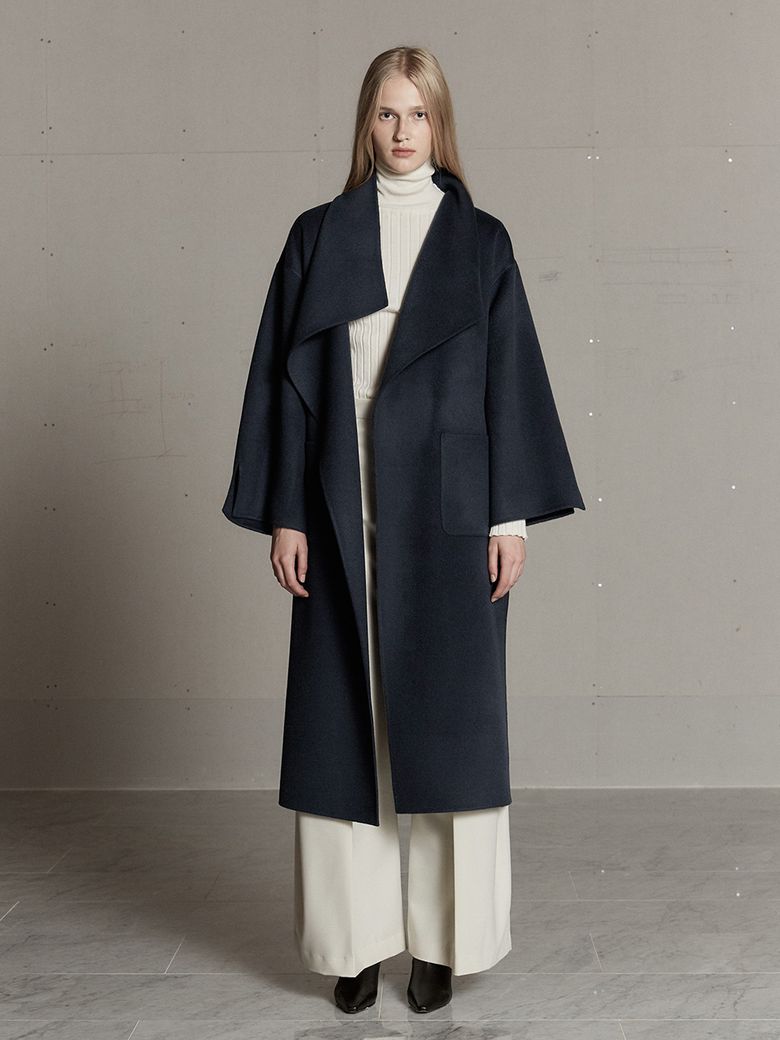 LUNDI Merino Wool Unbalance Shawl Collar Handmade Coat-Indigo Navy