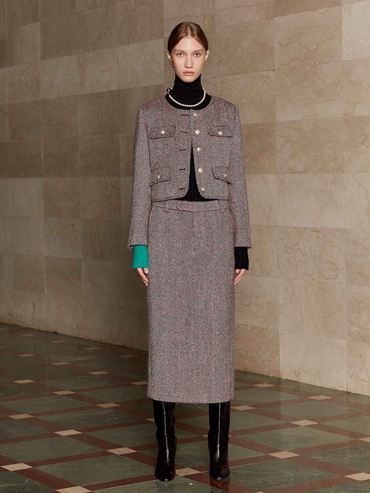 뮤제(MUSEE) SOPHIA Tweed Wool Long Skirt-Burgundy