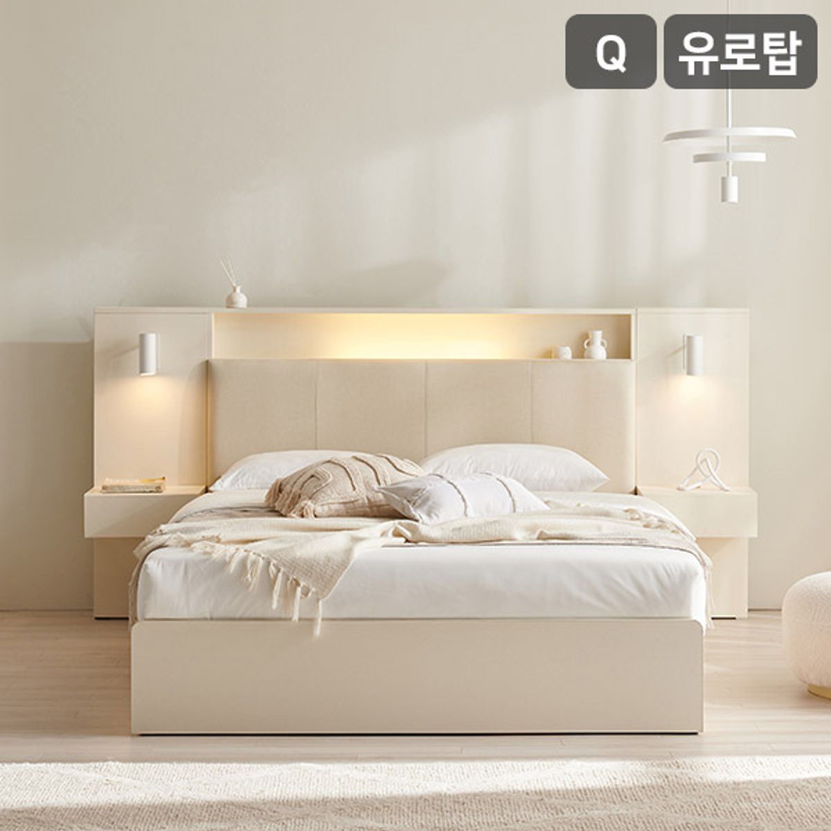 삼익가구(SAMICK) 더메인 LED 프리미엄 가죽헤드 수납 호텔 침대(유로탑 독립스프링 매트리스-퀸)