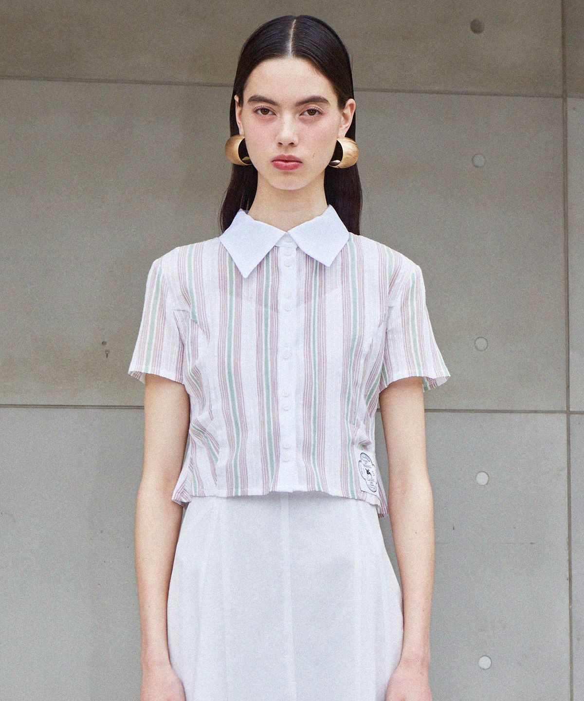 바이탈싸인(VITALSIGN) [LINE] Two Button Stripe Blouse (Stripe)