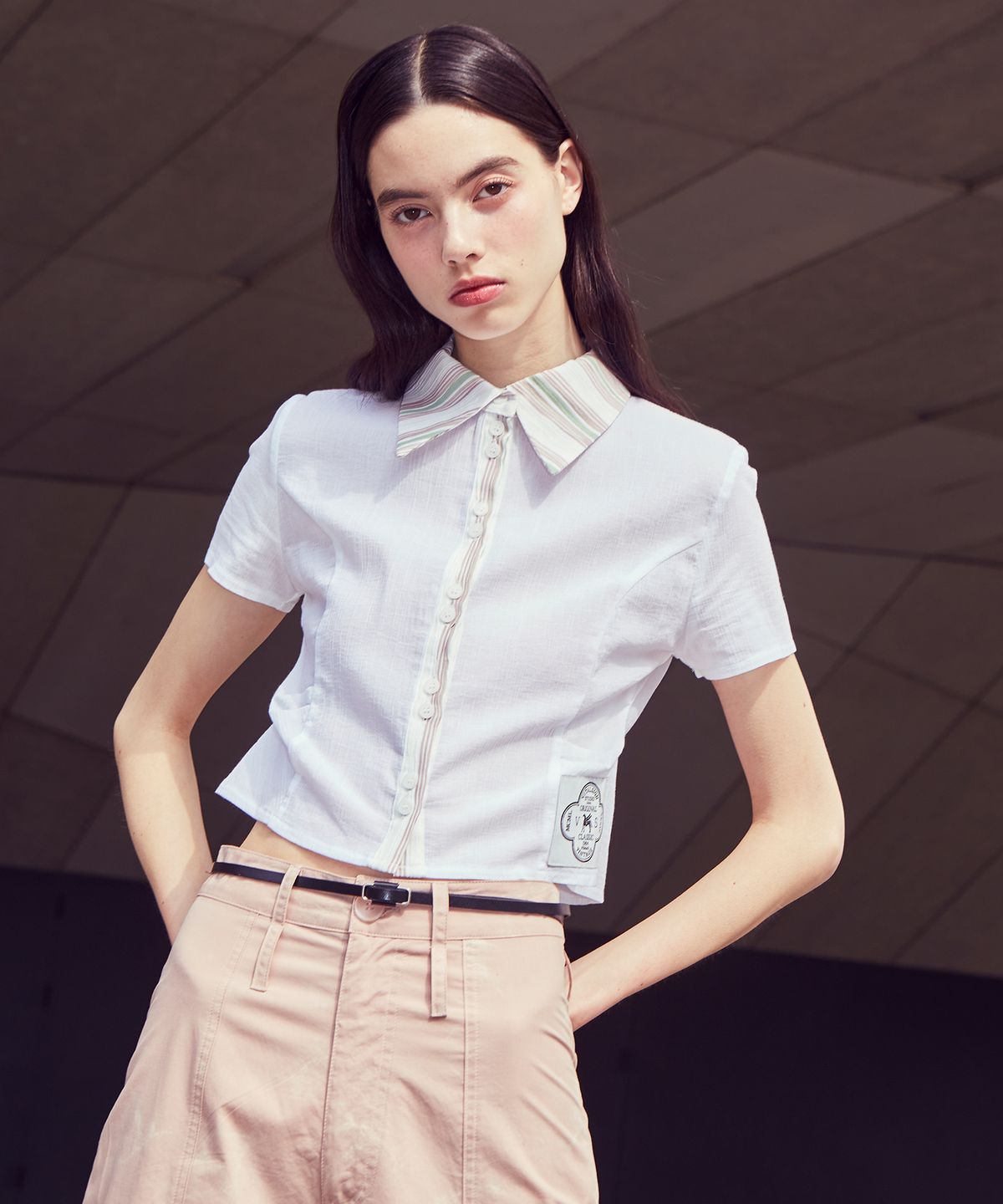 바이탈싸인(VITALSIGN) [LINE] Two Button Stripe Blouse (Ivory)