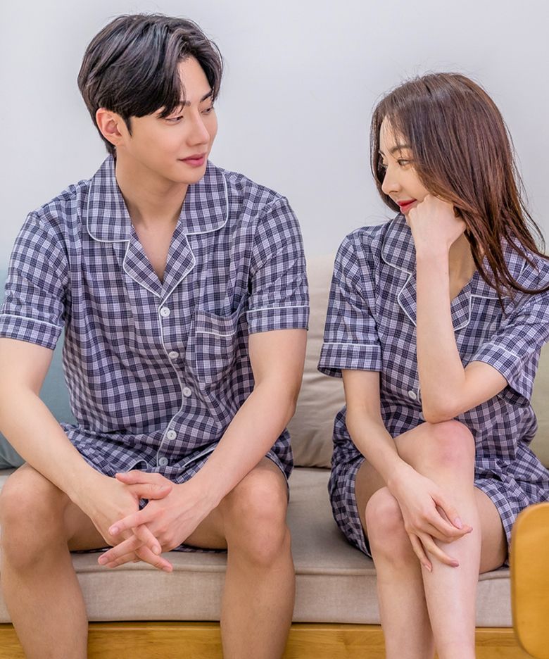 [SET] 커플 모노 체크 반팔 상하  잠옷