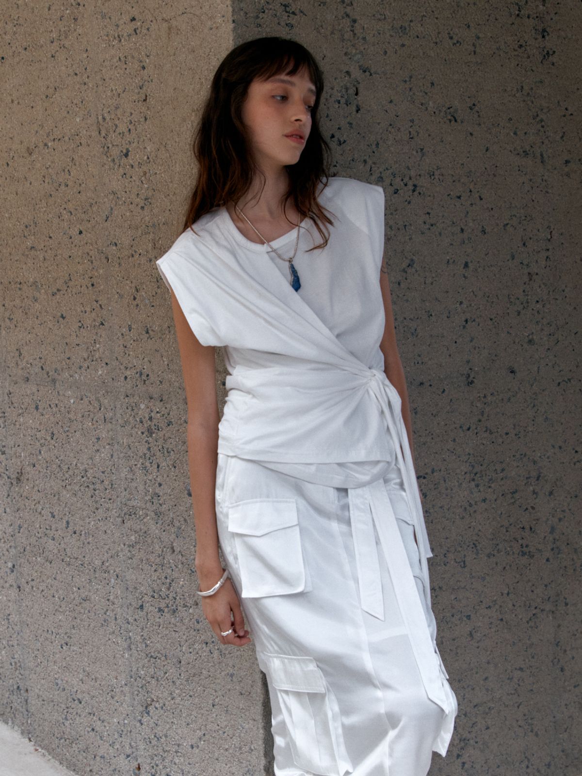 뮤제(MUSEE) DESSINE Draped Sleeveless Jersey Top-White