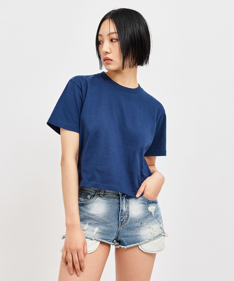 오버사이즈 크롭 티셔츠 네이비