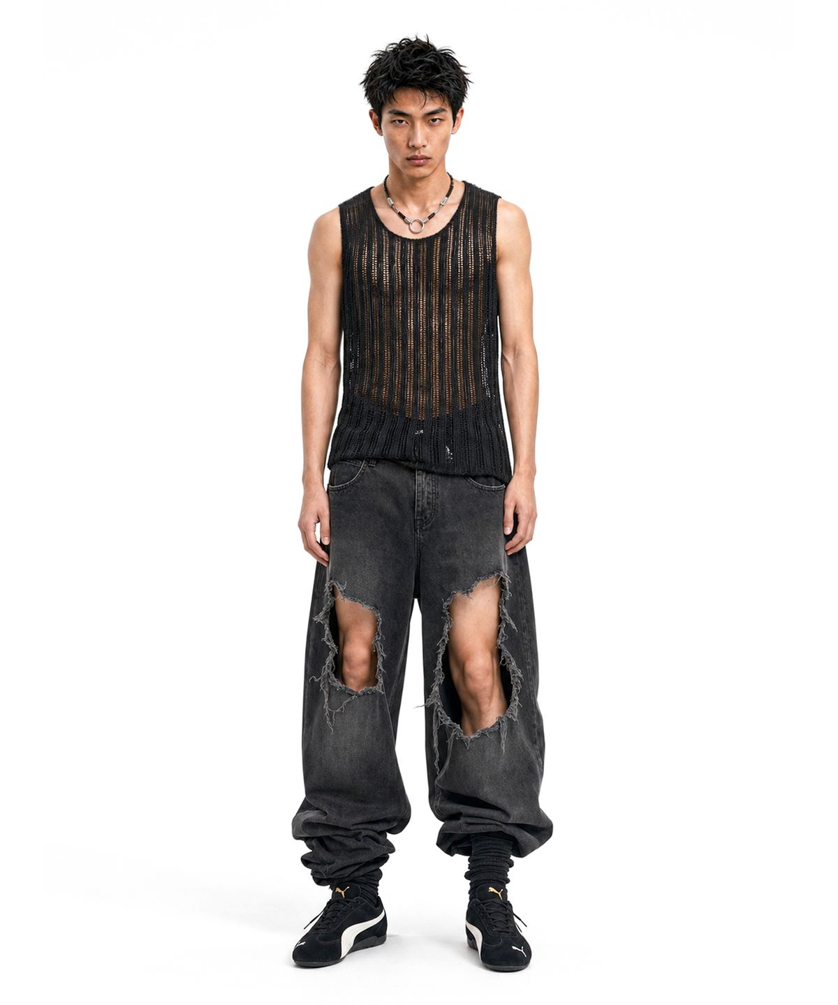 씨웨어 바이 더 지니어스(C WEAR BY THE GENIUS) 시스루 크래프트 니트 슬리브리스 블랙