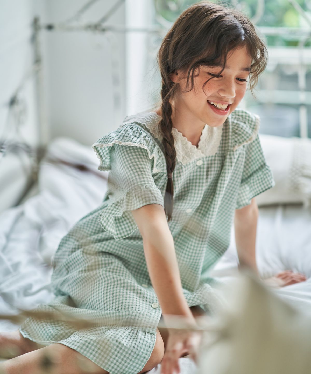 이루시다(IRUSIDA) 민트 잔체크 레이스 반팔 러블리 원피스 아동 잠옷