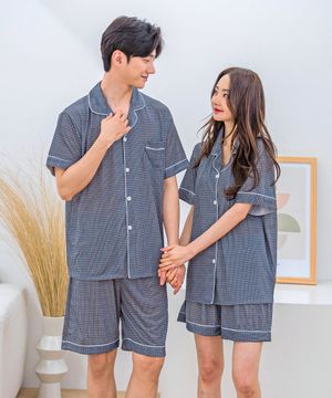 [SET] 냉감 체크 반팔 커플 상하 잠옷