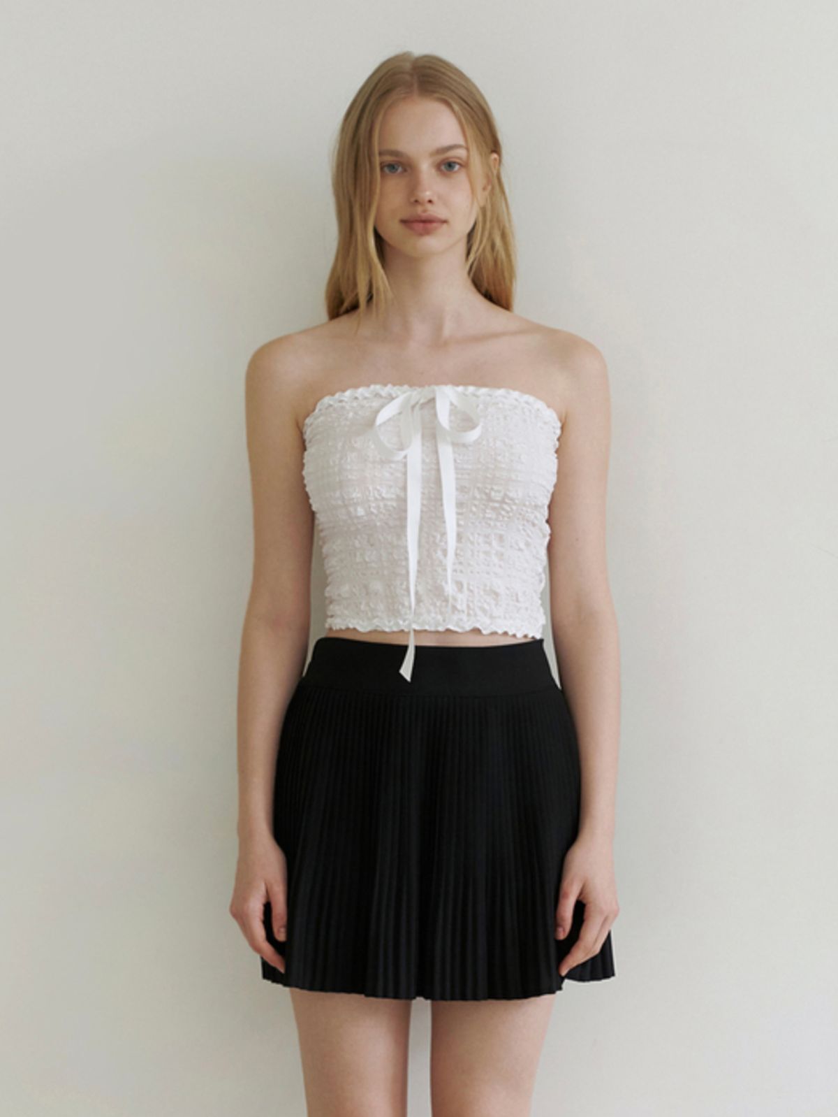 카인더베이비(KINDABABY) ribbon ckeck tube top blouse - white