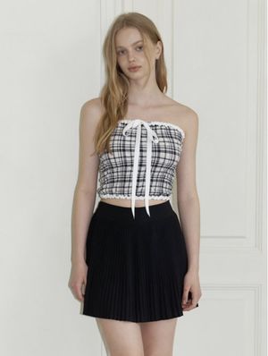 ribbon check tube top blouse - black