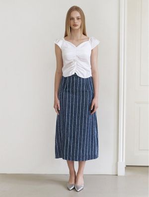 lace denim long skirt - blue