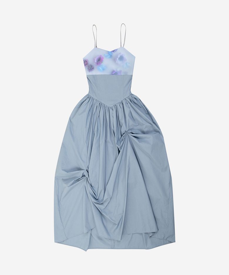 UNBALANCED SHIRRING LONG DRESS #BLUE