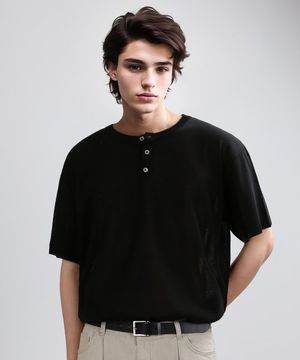 HENLEY NECK HALF MESH-KNIT (BLACK)