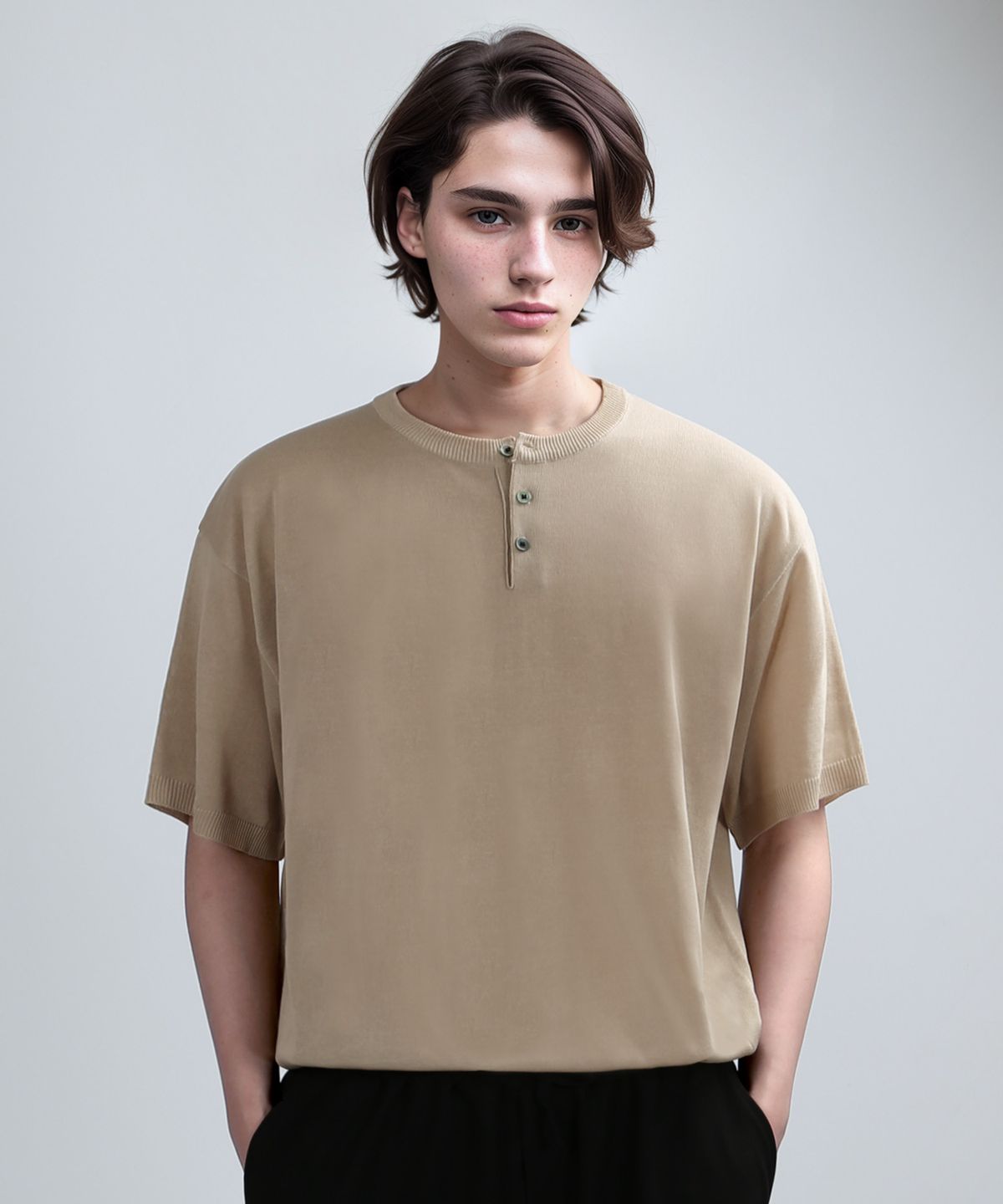 베리베인(VERYVAIN) HENLEY NECK HALF MESH-KNIT (BEIGE)