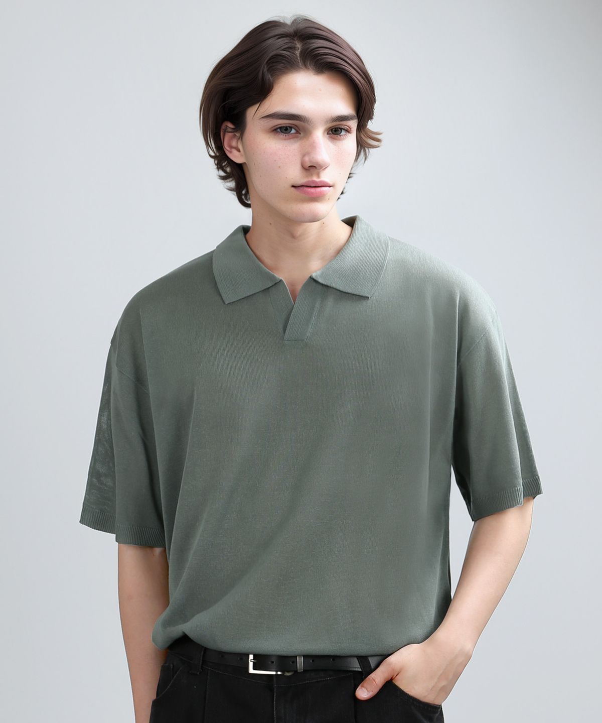 베리베인(VERYVAIN) COLLAR HALF MESH-KNIT (ASH GREEN)
