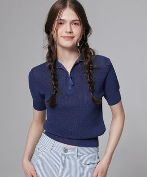 하프 집업 니트 탑 네이비