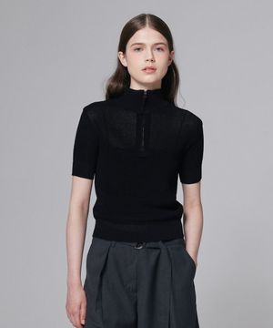 하프 집업 니트 탑 블랙