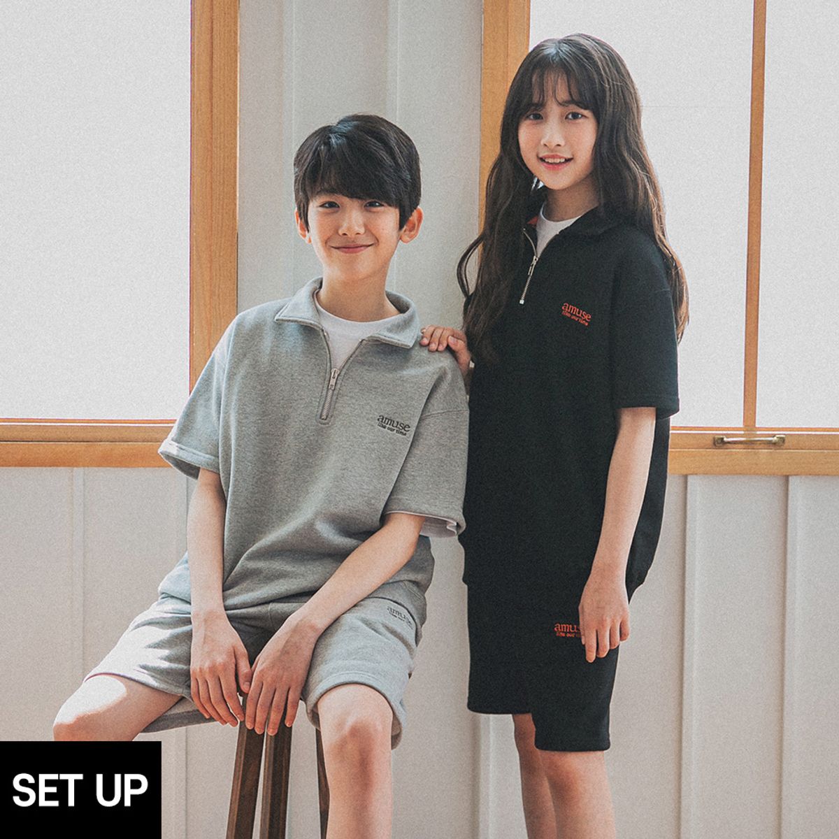 앨빈클로 주니어(ALVINCLO JUNIOR) [SET] AMUSE 반집업 반팔 맨투맨 밴딩 반바지 셋업
