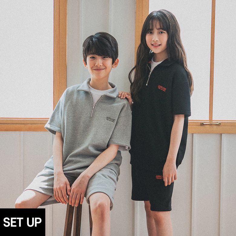 [SET] AMUSE 반집업 반팔 맨투맨 밴딩 반바지 셋업